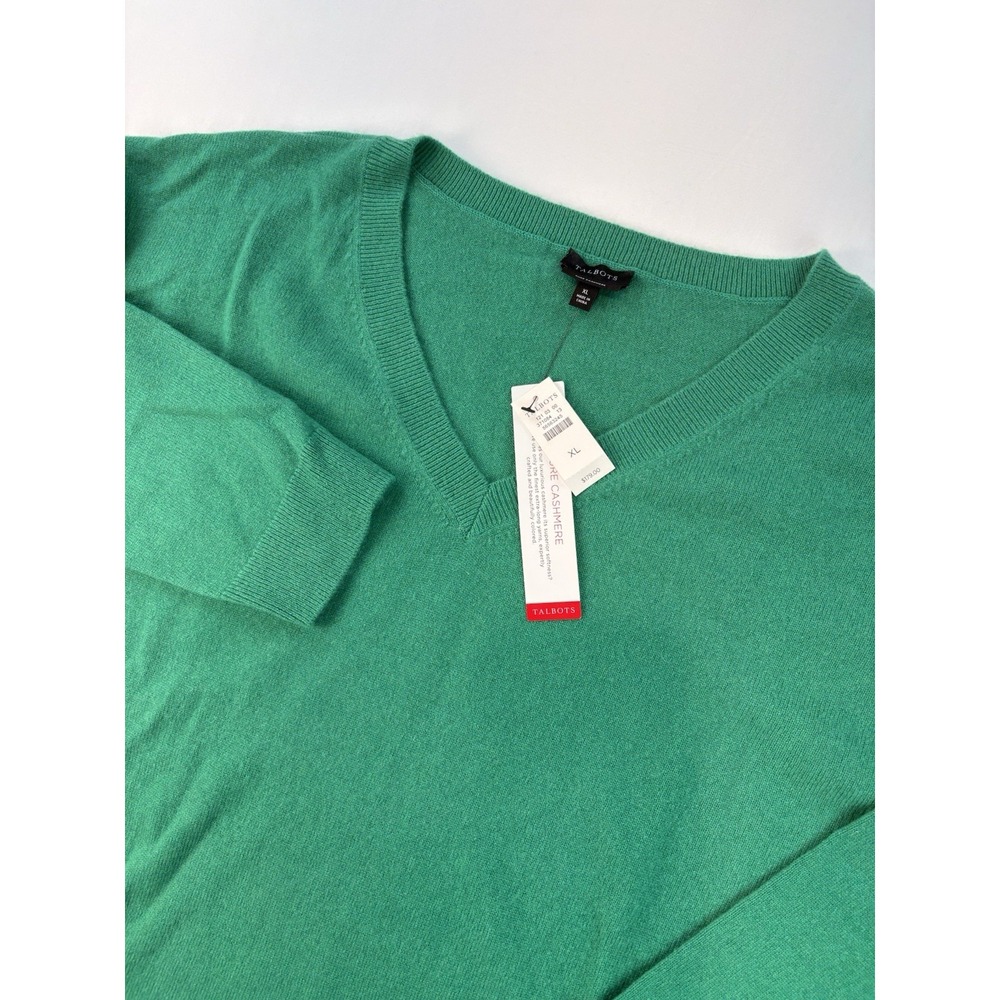 NWT Talbots 100% Cashmere Drop Shoulder V-Neck Sweater Green Women's XL